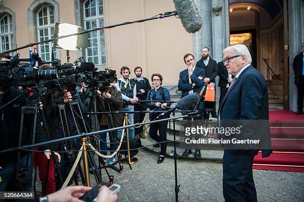 German Foreign Minister Frank-Walter Steinmeier speaks to the media before the meeting of OSCE Troika on April 12, 2016 in Berlin, Germany.