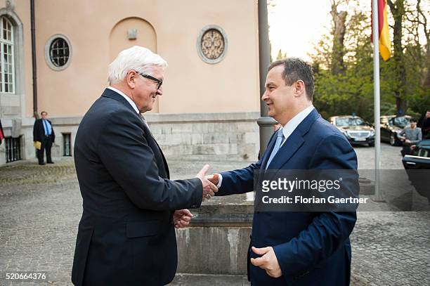 German Foreign Minister Frank-Walter Steinmeier welcomes Ivica Dacic , Foreign Minister of Serbia, before the meeting of OSCE Troika on April 12,...