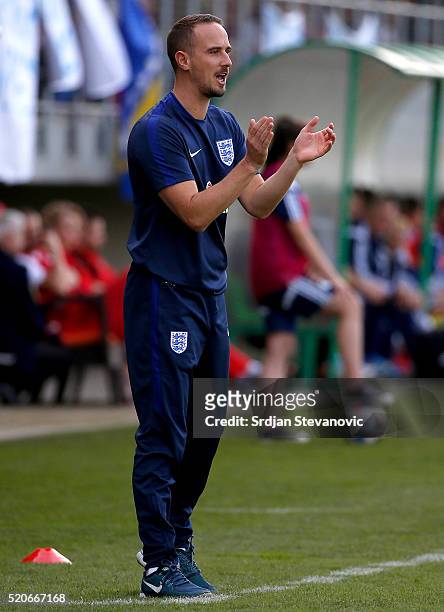 Head coach Mark Sampson of England reacts during the UEFA Women's European Championship Qualifier match between Bosnia and Herzegovina and England at...