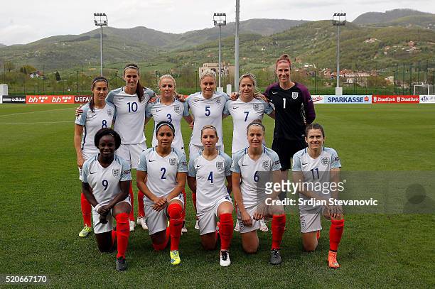 England women's national football team pose for the photo from left Fara Williams Jill Scott Alex Greenwood Steph Houghton Gemma Davison and...