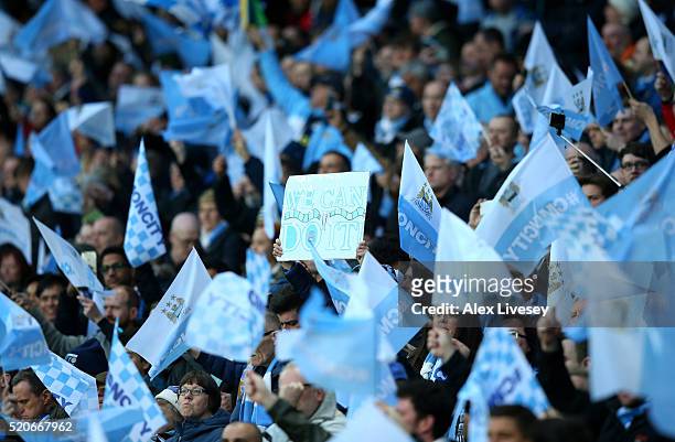 Man City fans show their support prior to the UEFA Champions League quarter final second leg match between Manchester City FC and Paris Saint-Germain...
