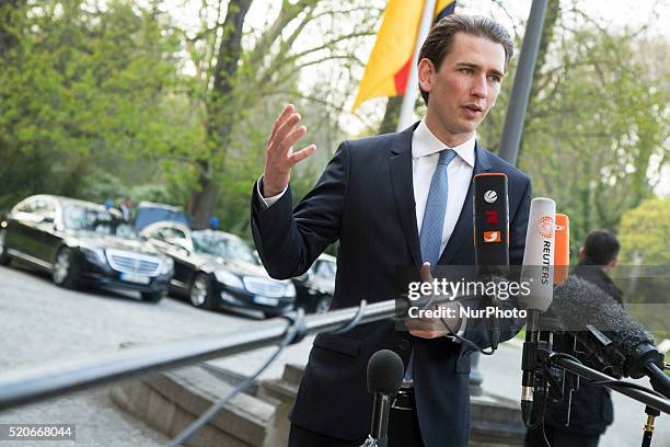 Austrian Foreign Minister Sebastian Kurz attends a press statement before a OSCE Troika meeting with German Foreign Minister Frank-Walter Steinmeier,...