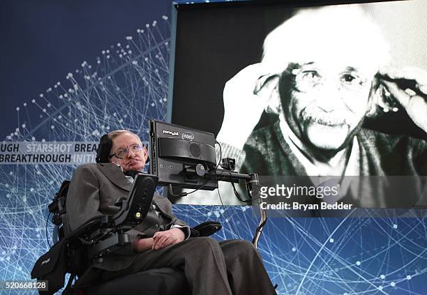 Stephen Hawking, CH, CBE, FRS, Dennis Stanton Avery and Sally Tsui Wong-Avery Director of Research, University of Cambridge as he and Yuri Milner...