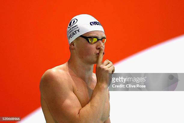 Adam Peaty of Great Britain reacts prior to the start of the Men's 100m Breaststroke Final on day one of The British Swimming Championships at...