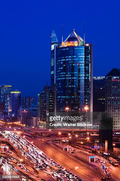 view of jianguomenwai dajie and office buildings - jianguomenwai stockfoto's en -beelden