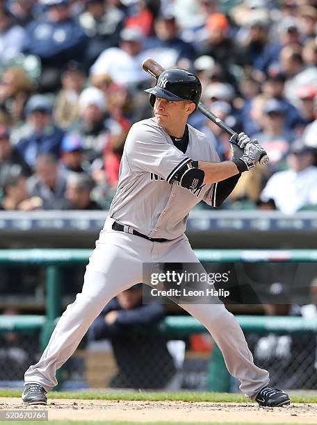 Dustin Ackley of the New York Yankees bats during the first inning of the Opening Day Game against the Detroit Tigers on April 8, 2016 at Comerica...