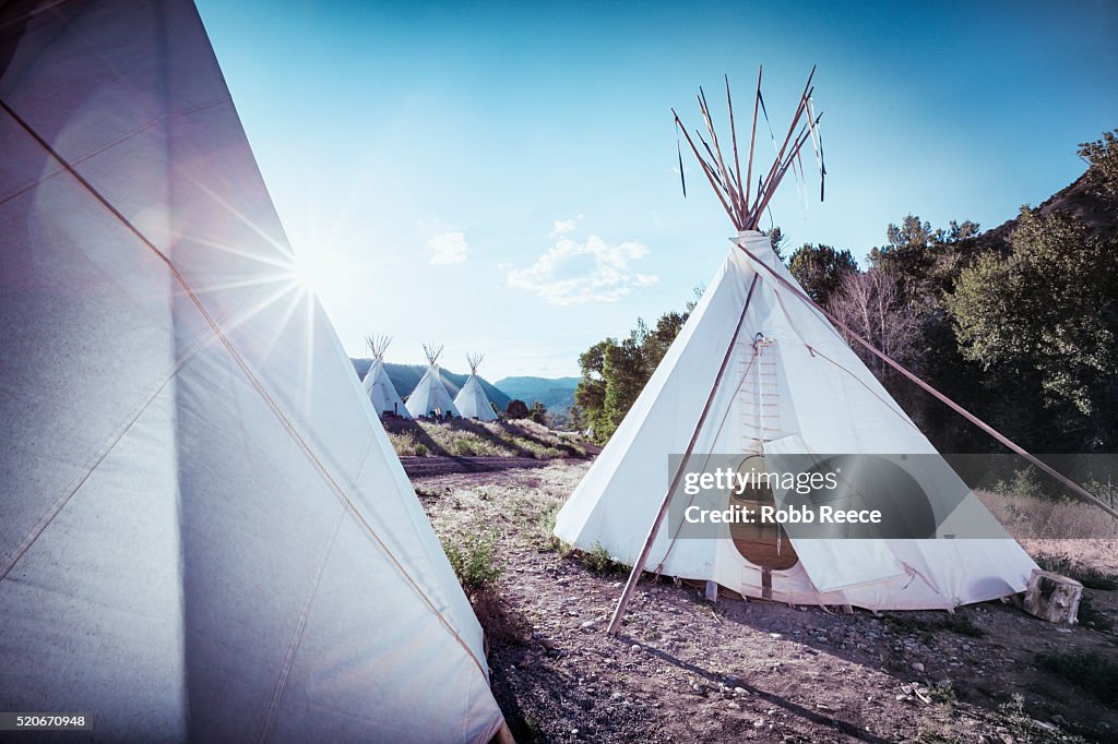 Teepee tents at sunrise in Colorado