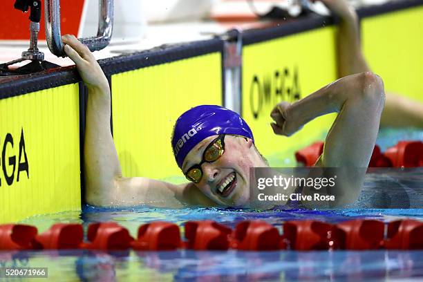 Hannah Miley of Great Britain celebrates after winning the Women's 400 Individual Medley Final on day one of The British Swimming Championships at...