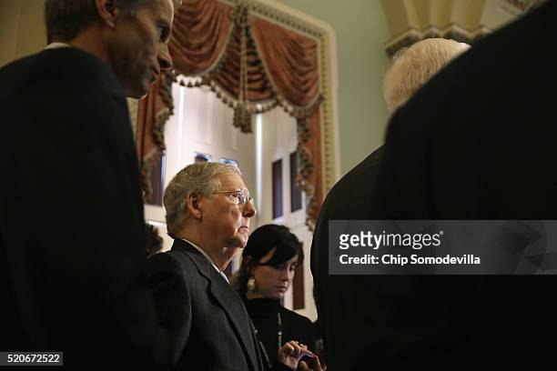 Senate Majority Leader Mitch McConnell and Republican leadership speak to reporters following their weekly policy luncheon at the U.S. Capitol April...