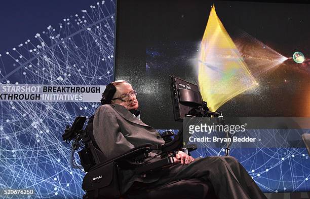 Stephen Hawking, CH, CBE, FRS, Dennis Stanton Avery and Sally Tsui Wong-Avery Director of Research, University of Cambridge on stage as he and Yuri...