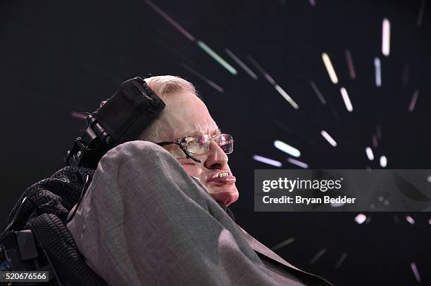Stephen Hawking, CH, CBE, FRS, Dennis Stanton Avery and Sally Tsui Wong-Avery Director of Research, University of Cambridge speaks on stage as he and...