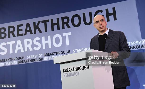 Yuri Milner, Breakthrough Prize and DST Global Founder, demonstrates a new chip on stage as Yuri Milner and Stephen Hawking host press conference to...