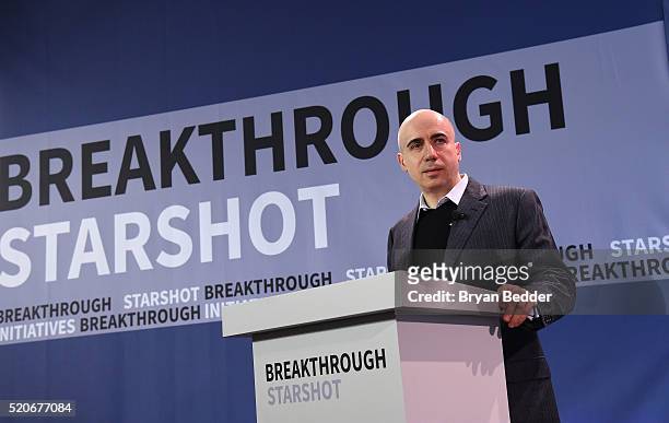 Yuri Milner and Stephen Hawking host press conference to announce Breakthrough Starshot, a new space exploration initiative, at One World Observatory...