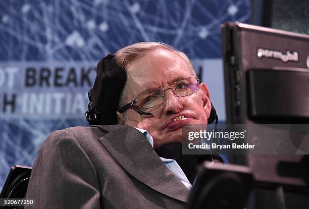 Stephen Hawking, CH, CBE, FRS, Dennis Stanton Avery and Sally Tsui Wong-Avery Director of Research, University of Cambridge as he and Yuri Milner...