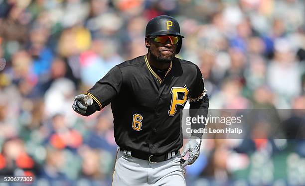 Starling Marte of the Pittsburgh Pirates points to the dugout after hitting a two run home run in the sixth inning of the interleague game against...