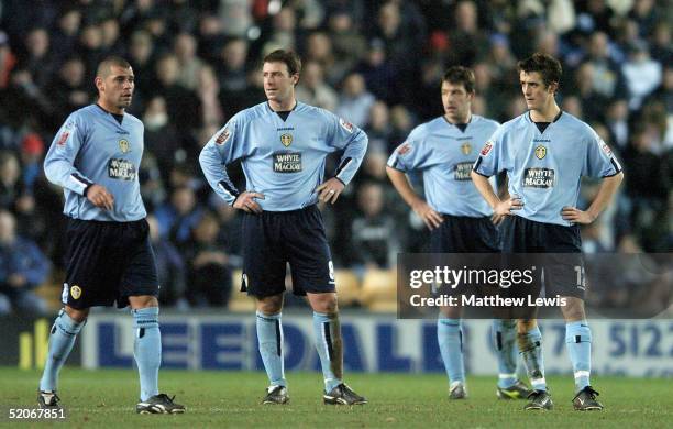 Leeds United players look during the Coca-Cola Championship match between Derby County and Leeds United at Pride Park on January 26, 2005 in Derby,...