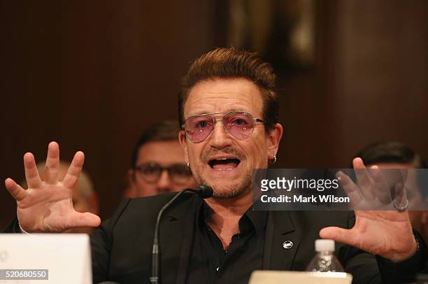 Bono, lead singer of the rock band U2 and co-founder of ONE, a non-profit, non-partisan advocacy organization, testifies during a Senate...
