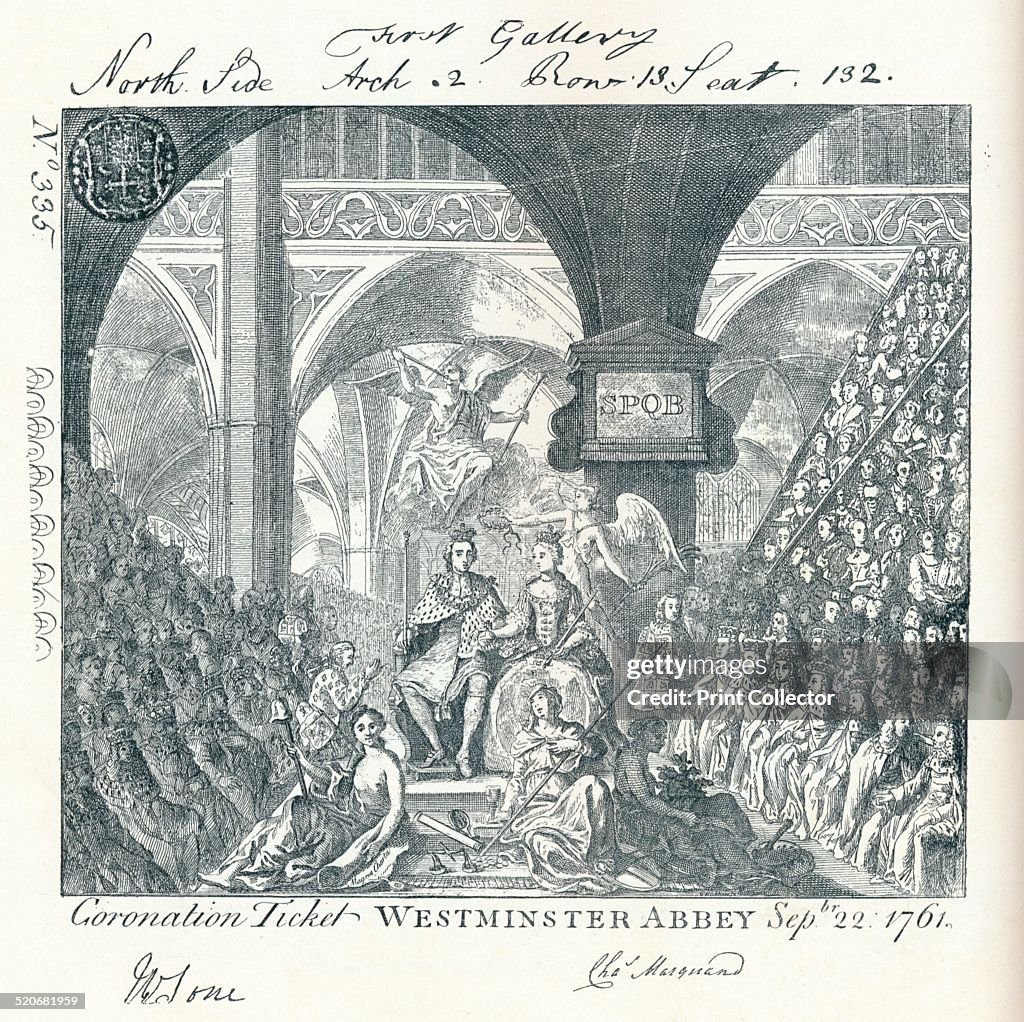 Engraved ticket for the Coronation ceremony of George III in Westminster Abbey' 1761 (1906). Artist: George Bickham