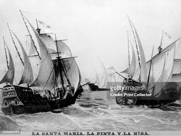 The Santa Maria, the Pinta and the Nina. Small carablea fleet, under the command of Colombus, Martin Alonso Pinzon, and Vicente Yanez Pinzon. Cigar...