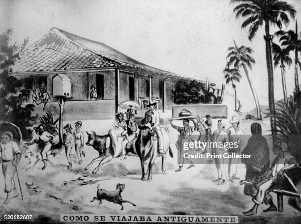 People in Baracoa travelling on oxen. Cigar card from the History of Cuba, Geografico Universal, Propaganda de los Cigarros Susini y La Corona,...