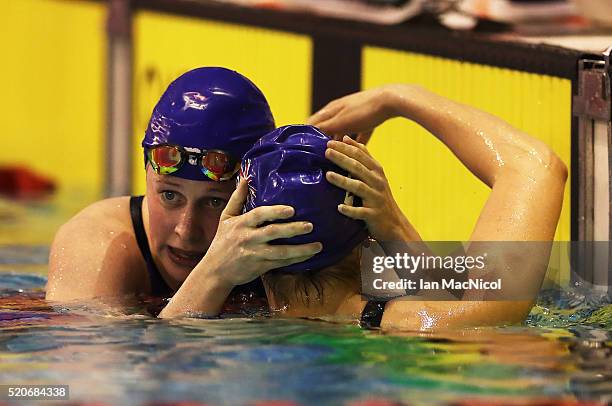 Hannah Miley interacts with Amiee Willmott after they compete in the Final of The Women's 400IM during Day One of The British Swimming Championships...