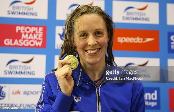 Hannah Miley poses with her gold medal from the Women's 400IM during Day One of The British Swimming Championships at Tollcross International...