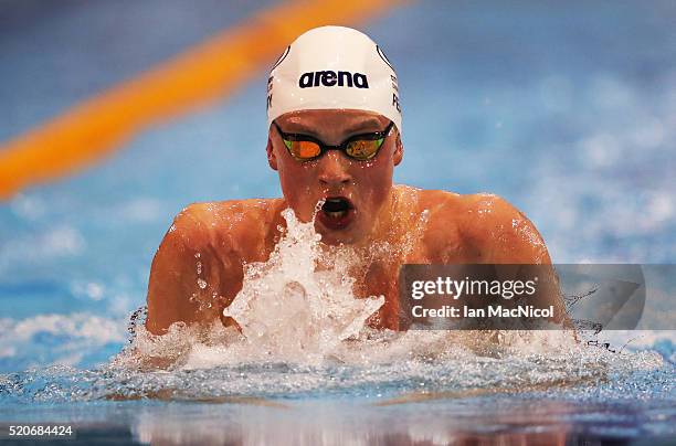 Adam Peaty competes in the Men's 200M Breaststroke final during Day One of The British Swimming Championships at Tollcross International Swimming...