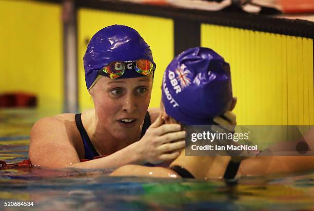 Hannah Miley interacts with Amiee Willmott after they compete in the Final of The Women's 400IM during Day One of The British Swimming Championships...