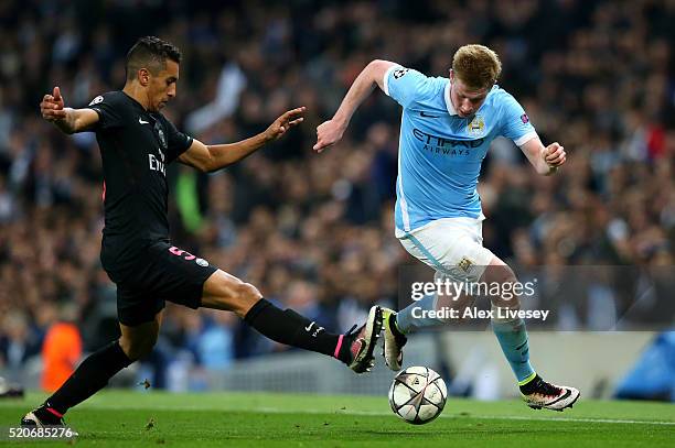 Kevin de Bruyne of Manchester City takes on Marquinhos of Paris Saint-Germain during the UEFA Champions League quarter final second leg match between...