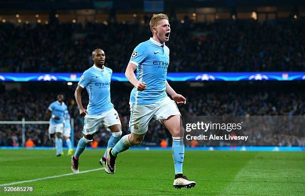 Kevin de Bruyne of Manchester City celebrates as he scores their first goal during the UEFA Champions League quarter final second leg match between...