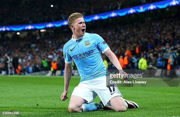 Kevin de Bruyne of Manchester City celebrates as he scores their first goal during the UEFA Champions League quarter final second leg match between...
