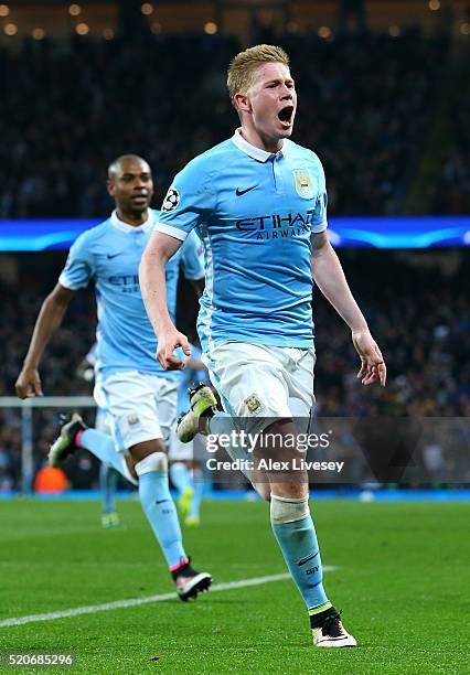 Kevin de Bruyne of Manchester City celebrates as he scores their first goal during the UEFA Champions League quarter final second leg match between...