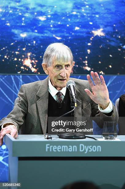 Theoretical physicist and mathematician, Freeman Dyson attends the New Space Exploration Initiative "Breakthrough Starshot" Announcement at One World...