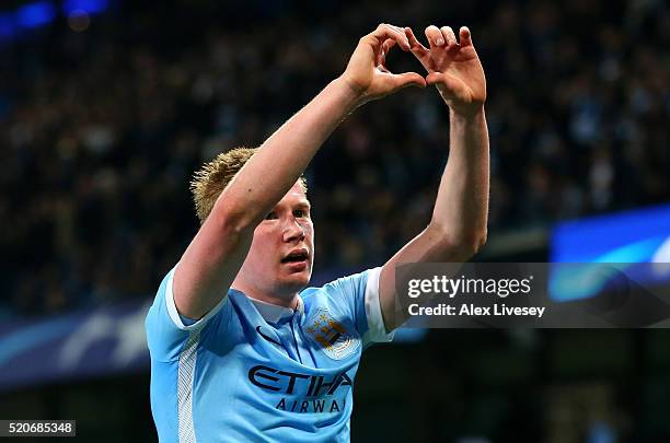 Kevin de Bruyne of Manchester City celebrates as he scores their first goal during the UEFA Champions League quarter final second leg match between...