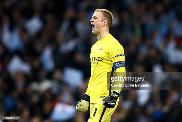 Joe Hart of Manchester City celebrates as Kevin de Bruyne of Manchester City scores their first goal during the UEFA Champions League quarter final...
