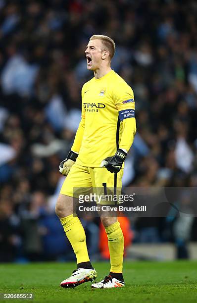 Joe Hart of Manchester City celebrates as Kevin de Bruyne of Manchester City scores their first goal during the UEFA Champions League quarter final...