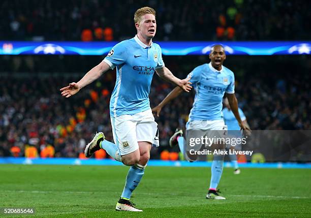 Kevin de Bruyne of Manchester City celebrates with Fernandinho as he scores their first goal during the UEFA Champions League quarter final second...