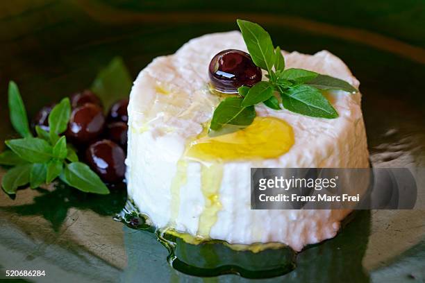 cream cheese from goat milk with olive oil, olives and fresh basil, provence - goat's cheese stock pictures, royalty-free photos & images