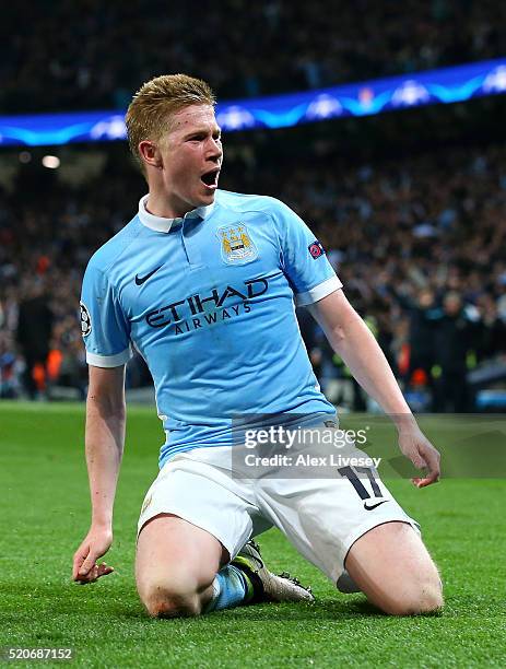Kevin de Bruyne of Manchester City celebrates as he scores their first goal during the UEFA Champions League quarter final second leg match between...