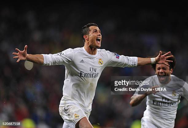 Cristiano Ronaldo of Real Madrid celebrates scoring his 3rd goal during the UEFA Champions League Quarter Final Second Leg match between Real Madrid...