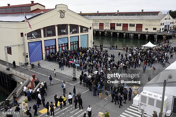 Attendees line up in front of the Herbst Pavilion before the start of the Facebook F8 Developers Conference in San Francisco, California, U.S., on...