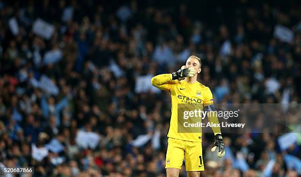 Joe Hart of Manchester City celebrates victory and reaching the semi-finals after the UEFA Champions League quarter final second leg match between...