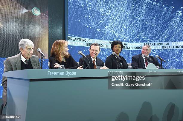 Breakthrough Starshot panel members Freeman Dyson, Ann Druyan, Avi Loeb, Mae Jemison and Pete Worden attend the Space Exploration Initiative...