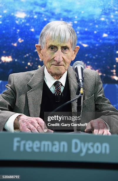 Theoretical physicist and mathematician, Freeman Dyson attends the New Space Exploration Initiative "Breakthrough Starshot" Announcement at One World...