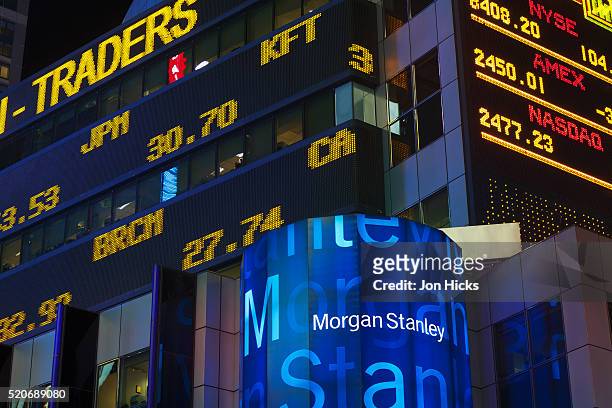 the stock ticker on the morgan stanley building in times square. - morgan stanley headquarters stock pictures, royalty-free photos & images