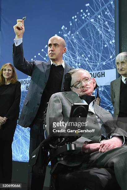 Internet investor and science philanthropist Yuri Milner and cosmologist Stephen Hawking attend the New Space Exploration Initiative "Breakthrough...