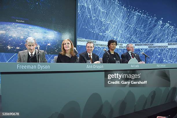 Breakthrough Starshot panel members Freeman Dyson, Ann Druyan, Avi Loeb, Mae Jemison and Pete Worden attend the Space Exploration Initiative...