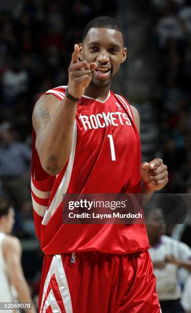 Tracy McGrady of the Houston Rockets reacts to a Scott Padgett 3-point shot to go ahead of the New Orleans Hornets at the New Orleans Arena on...