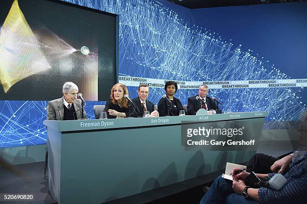 Breakthrough Starshot panel members Freeman Dyson, Ann Druyan, Avi Loeb, Mae Jemison and Pete Worden attend the Space Exploration Initiative...