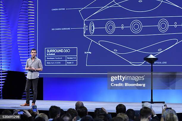 Chris Cox, chief product officer of Facebook Inc., unveils the Surround 360 camera during the Facebook F8 Developers Conference in San Francisco,...